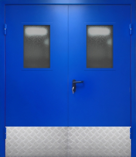 Равностворчатая стальная огнестойкая дверь с двумя стеклопакетами и отбойниками (синий тон по RAL) Равностворчатая стальная огнестойкая дверь с двумя стеклопакетами и отбойниками (синий тон по RAL)