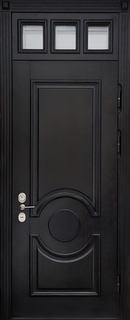 Стальная остекленная термодверь с черным МДФ RAL с багетом и фрамугой Стальная остекленная термодверь с черным МДФ RAL с багетом и фрамугой