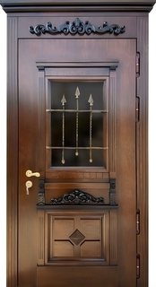 Стальная остекленная термодверь МДФ с резьбой, карнизом и ковкой Стальная остекленная термодверь МДФ с резьбой, карнизом и ковкой