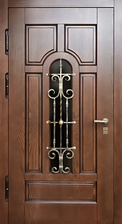 Утепленная термодверь МДФ со шпоном (кованая решетка и стеклопакет)