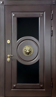 Металлическая остекленная термодверь с чеканкой в виде льва (МДФ панели) Металлическая остекленная термодверь с чеканкой в виде льва (МДФ панели)