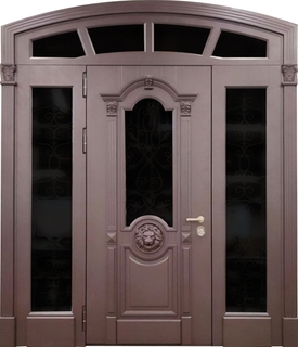 Арочная парадная остекленная термодверь с отделкой из панелей МДФ с резьбой Арочная парадная остекленная термодверь с отделкой из панелей МДФ с резьбой