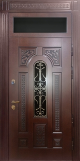 Термодверь с влагостойким МДФ, ковкой и остекленной верхней вставкой Термодверь с влагостойким МДФ, ковкой и остекленной верхней вставкой