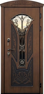 Металлическая термодверь с фигурным стеклом и художественной ковкой (МДФ) Металлическая термодверь с фигурным стеклом и художественной ковкой (МДФ)