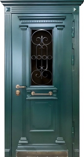 Зеленая дверь «термо» МДФ с багетом, карнизом и отбойником (стекло + ковка) Зеленая дверь «термо» МДФ с багетом, карнизом и отбойником (стекло + ковка)